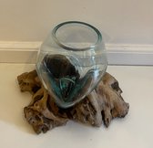 Houten basis - met 1 glazen bol - gesmolten glas - klein