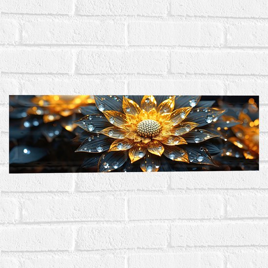 Muursticker - Closeup - Bloem - Druppels - Goud - 60x20 cm Foto op Muursticker