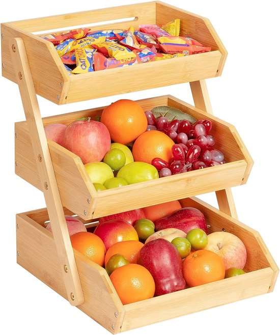 Bamboe-fruitmand, 3-laags serveermand, fruitschaal en snack-tentoonstellingsstandaard, perfect voor fruit, groenten, snacks, huishoudelijke artikelen en meer (bamboe)