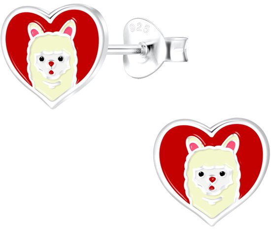 Joy|S - Zilveren alpaca oorbellen - rood hartje - 9 x 8 mm - kinderoorbellen