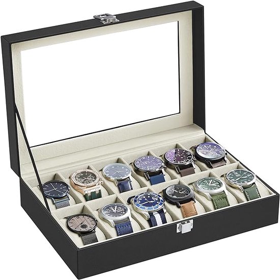Horlogebox met 12 vakken, horlogekast met glazen deksel, goed voor Bruiloft, Vaderdag, Moederdag, Gift voor haar of him.