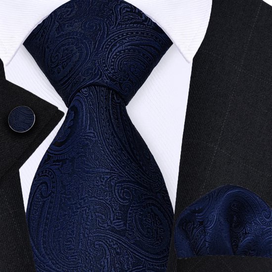 Cravate Sorprese avec pochette de costume et Boutons de manchette - Paisley Bleu Foncé - 8cm - 100% Soie - Pochette