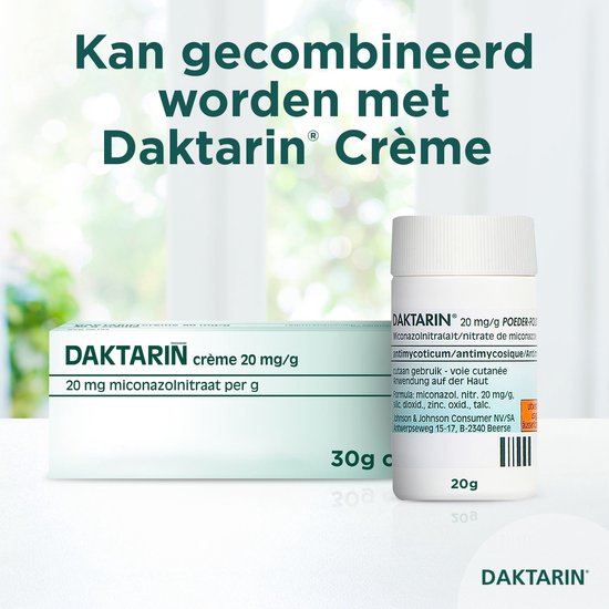 Kan gecombineerd worden met Daktarin Crème. Daktarin crème 20 mg/g, Daktarin poeder 20g.