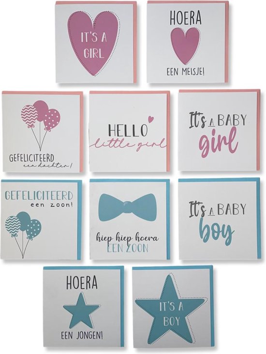 10 Cards & Crafts Unieke Geboortekaartjes - Jongen / Meisje - 13,5x13,5cm - Vierkante wenskaarten inclusief gekleurde enveloppen - Zoon / Dochter