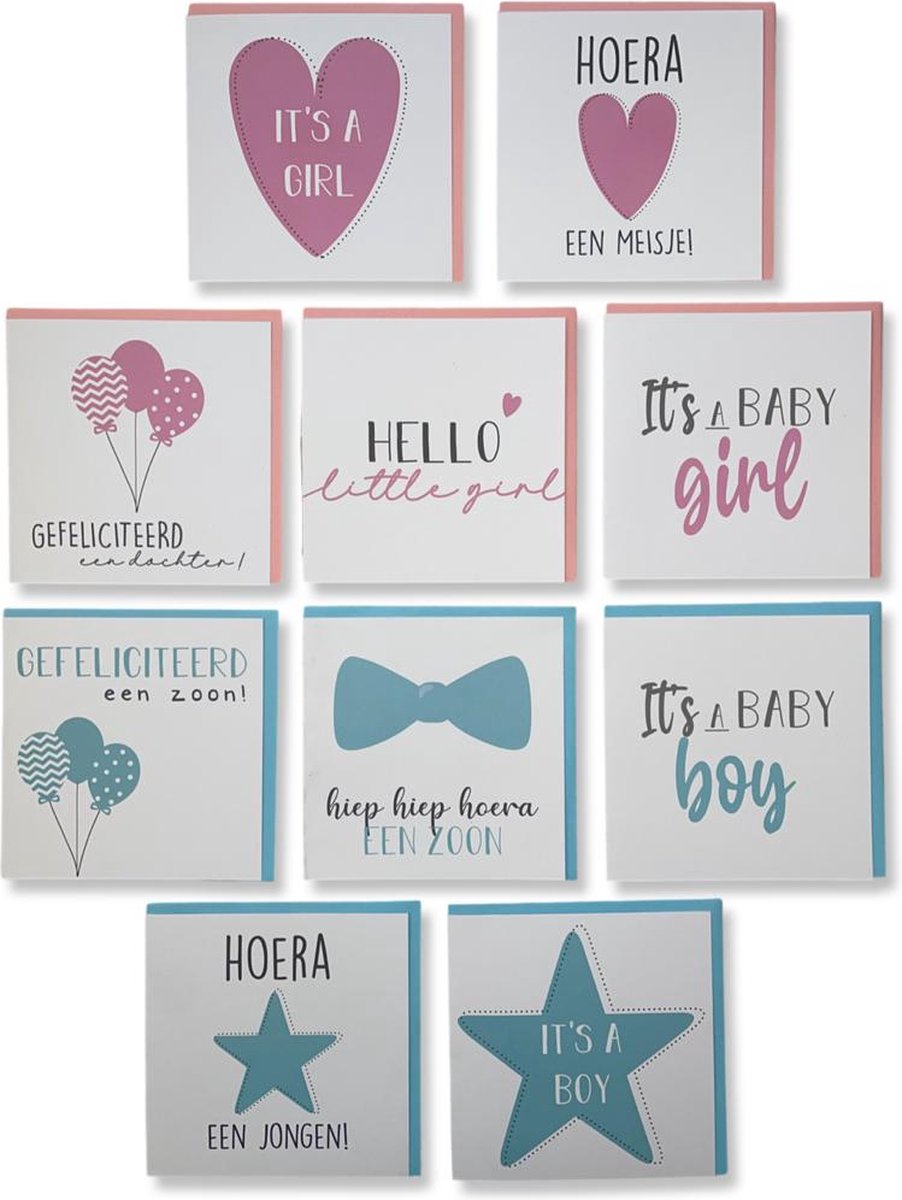 10 Cards & Crafts Unieke Geboortekaartjes - Jongen / Meisje - 13,5x13,5cm - Vierkante wenskaarten inclusief gekleurde enveloppen - Zoon / Dochter