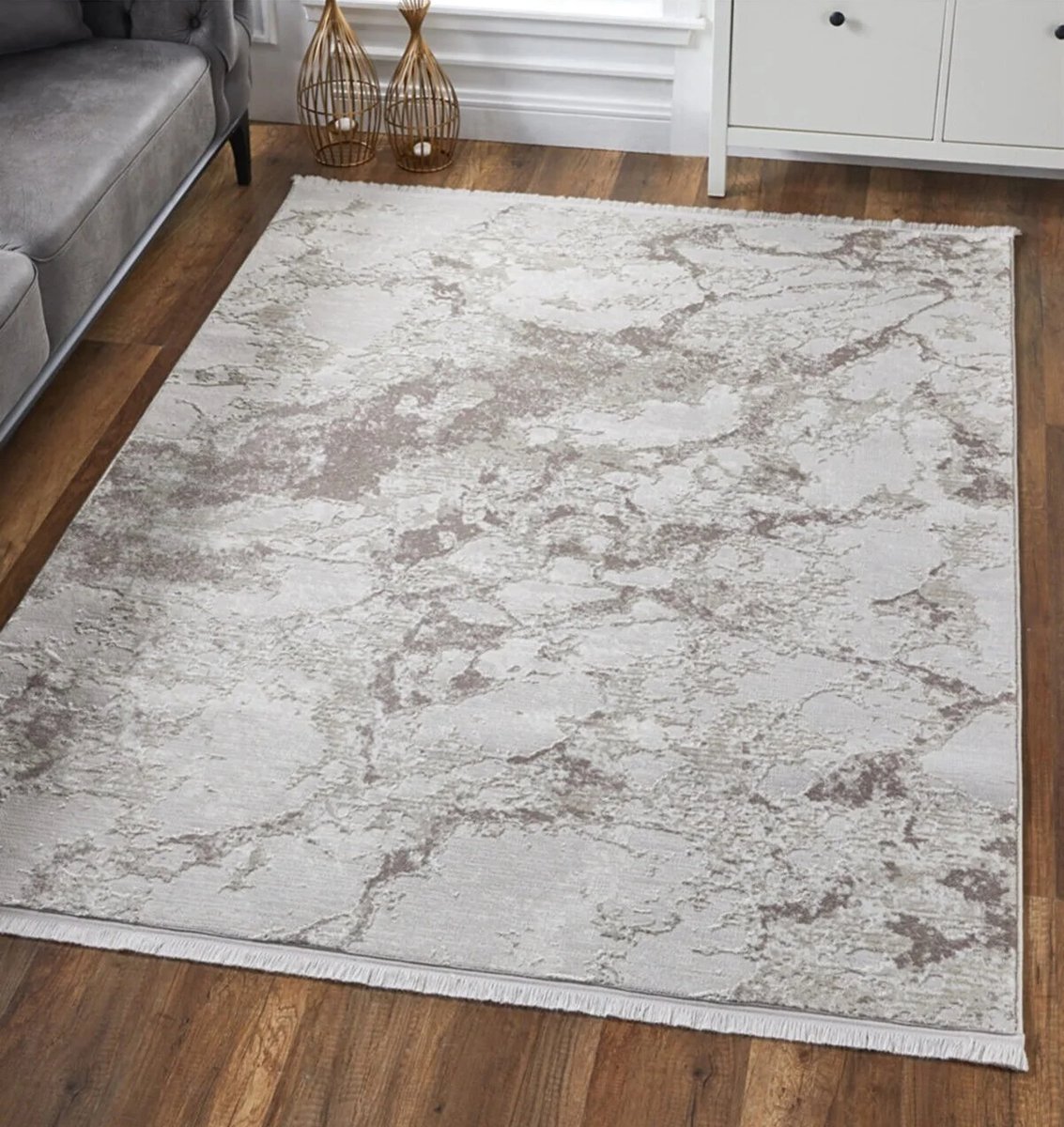 STAVELOT - Creme-Bruin - 200x290cm, Laagpolig vloerkleed met franjes