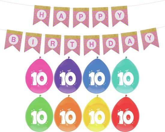 Ballons d'anniversaire 10 ans, banderole de joyeux anniversaire 10
