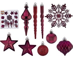 Krist+ kersthangers/ornamenten set - 32x stuks - wijn/bordeaux rood - kunststof