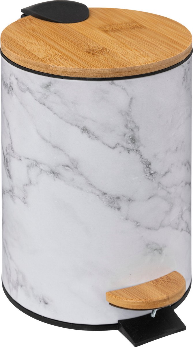 Goedkoopste 5Five Prullenbak/pedaalemmer Marmer look - wit - 3 liter - metaal/bamboe - 17 x 25 cm - soft close