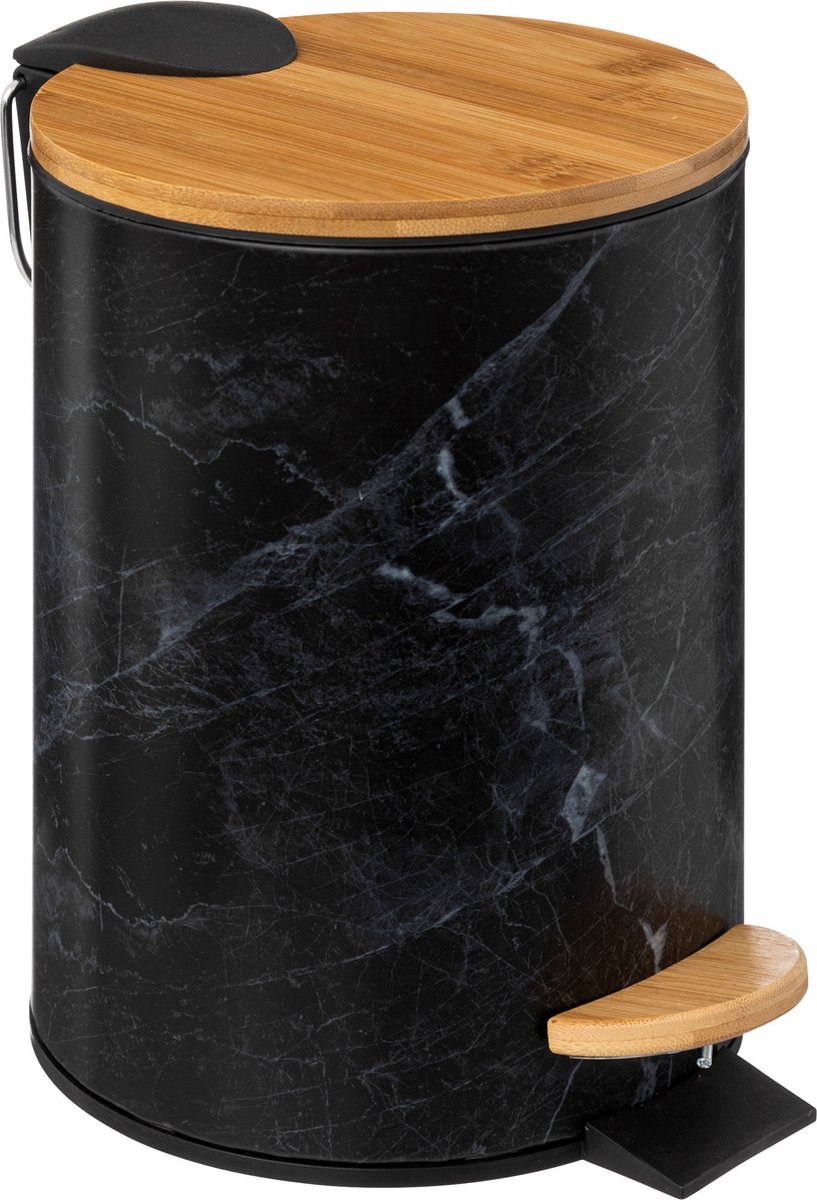 Goedkoopste 5Five Prullenbak/pedaalemmer Marmer look - zwart - 3 liter - metaal/bamboe - 17 x 25 cm - soft close