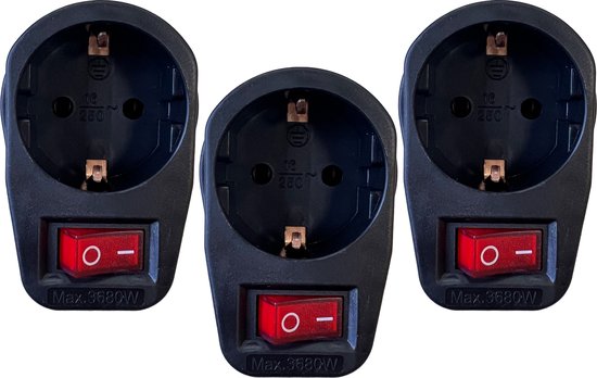 Benson Stopcontact adapter - 3x - zwart - met randaarde en schakelaar - verdeelstekkers