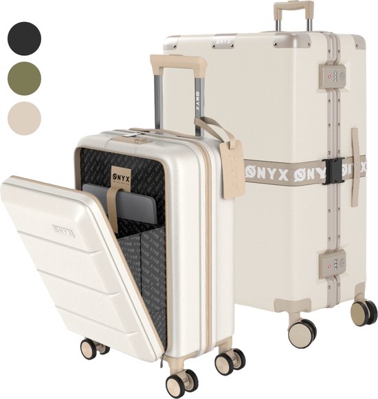 ONYX® Bagage à main avec poche avant et Valise d'enregistrement - Set valise 35L/100 L - Serrure TSA - Chariot léger - Fermeture aluminium - Sable