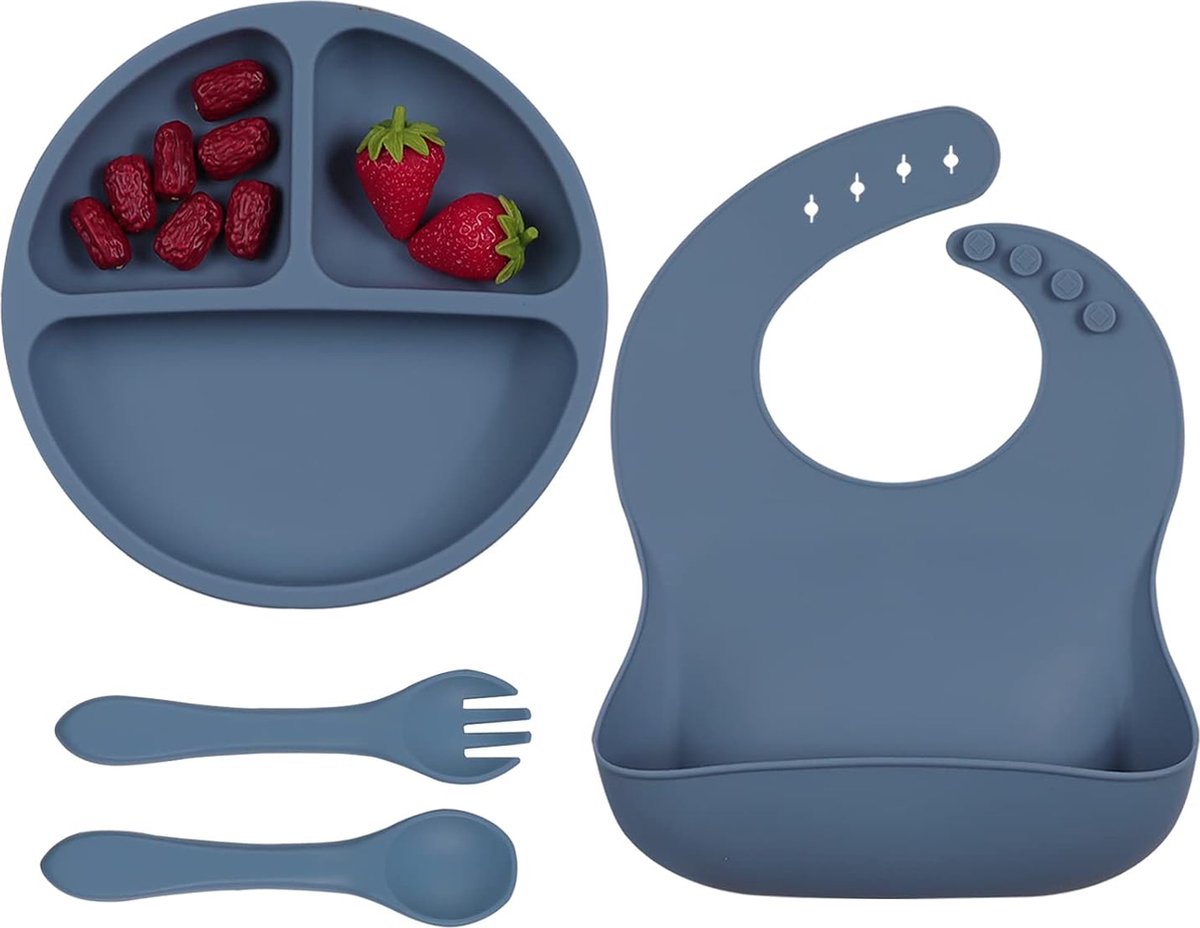 Goedkoopste Babybord Kinderbord met slabbetjesset, siliconen kinderbord met zuignap, babyslab, babybord met vorklepel, peuterslab BPA-vrij, babyservies voor baby's, peuters en kinderen