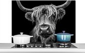 Spatscherm keuken 100x65 cm - Kookplaat achterwand Schotse Hooglander - Horens - Zwart - Wit - Koe - Wild - Dieren - Muurbeschermer - Spatwand fornuis - Hoogwaardig aluminium