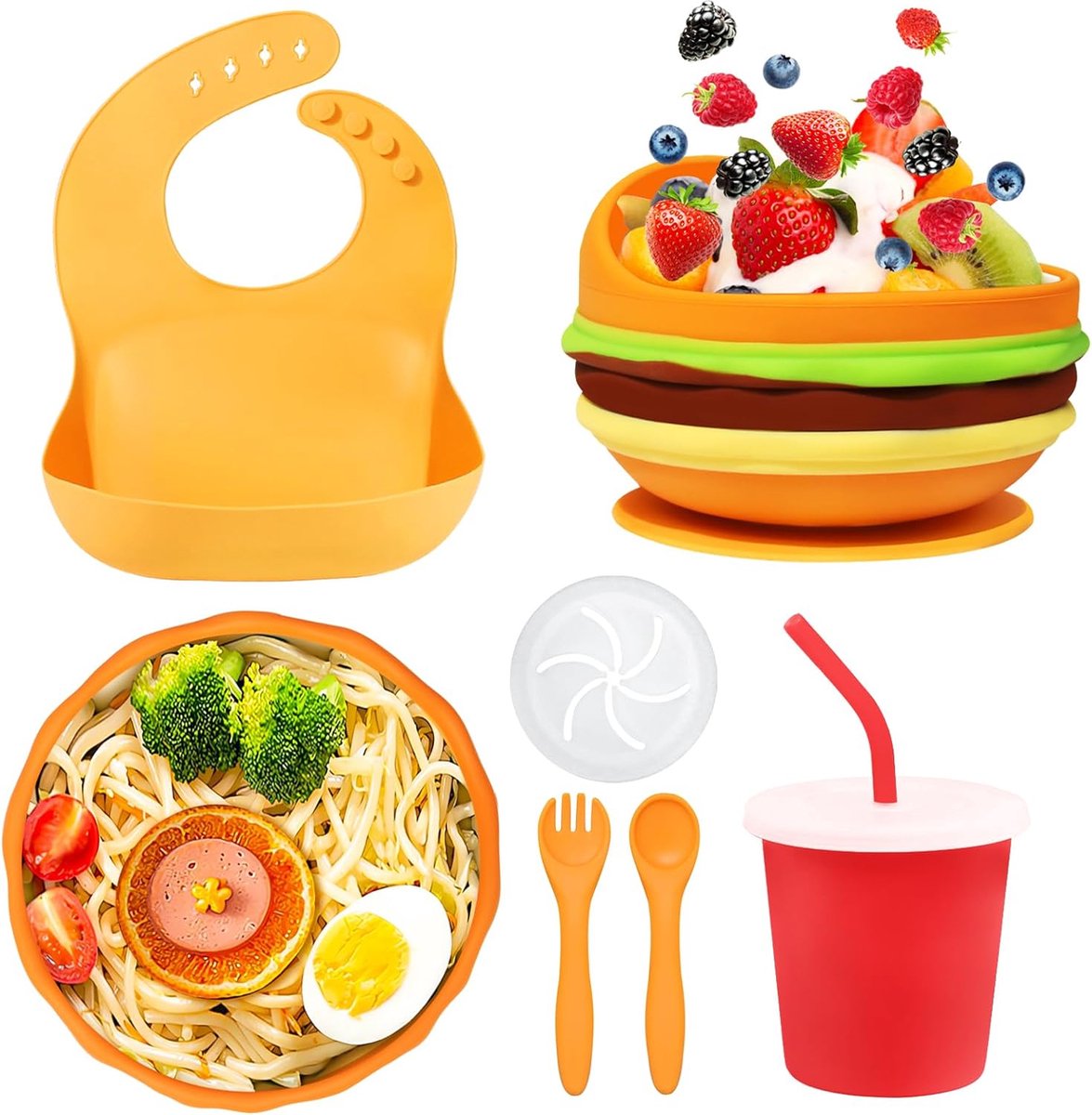 Goedkoopste 7-delige siliconen babyserviesset, siliconen kinderservies, babybord, antislip kinderbord met zuignap, bord, slabbetje, kom, lepel, vork, babydrinkbeker, BPA-vrij