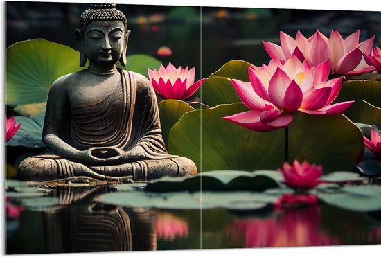 Acrylglas - Buddha - Waterlelies - Bloemen - Bladeren - Water - 120x80 cm Foto op Acrylglas (Met Ophangsysteem)