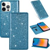 Apple iPhone 15 Pro Max Glitter Telefoonhoesje - Hoogwaardig PU Leren Bookcase - Pasjeshouder - Blauw