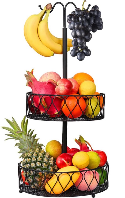 Etagère à fruits porte-bananes Corbeille à fruits 2 étages pour plus d'espace sur le plan de travail - rangement pour fruits et légumes, coupe à fruits, support à fruits (noir)