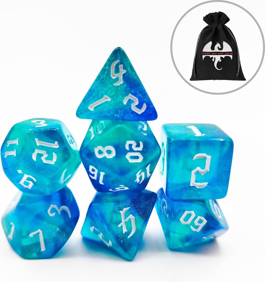 Lapi Toys - Dungeons and Dragons dobbelstenen - DnD - D&D - Polydice - 1 set (7 stuks) - Acryl - Turquoise - Paars
