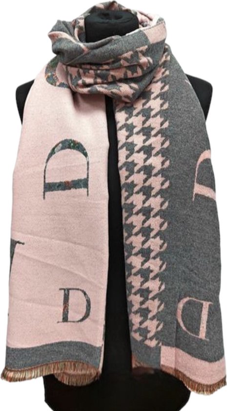 Lange Warme Sjaal - 2-Zijdig - Tweed Print - Roze - 195 x 65 cm (23-18#)