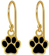Joy|S - Zilveren kat hond dierenpoot oorbellen - zwart - oorhangers - 14k goudplating