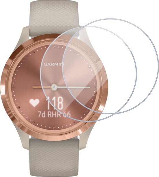 Garmin Vivomove 3 smartwatch met rosé gouden kast en crèmekleurige band, met een folie screenprotector.