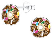 Joy|S - Zilveren donut oorbellen - chocolade met spikkels - 8 mm - kristal - kinderoorbellen