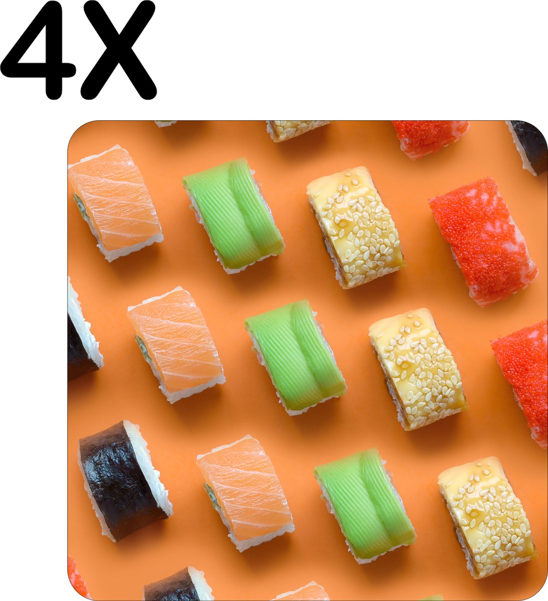 BWK Luxe Placemat - Verschillende Soorten Sushi op een Oranje Achtergrond - Set van 4 Placemats - 50x50 cm - 2 mm dik Vinyl - Anti Slip - Afneembaar