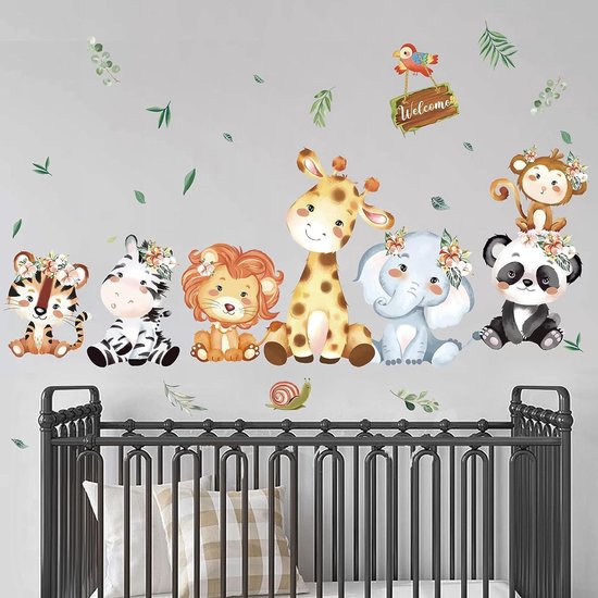 Tanlaby Jungle Animal Muurstickers Safari Dier Boom Muursticker Cartoon Olifant Giraffe Panda Wall Art Sticker voor Kids Baby Nursery Slaapkamer Speelkamer Kleuterschool Muur Decor