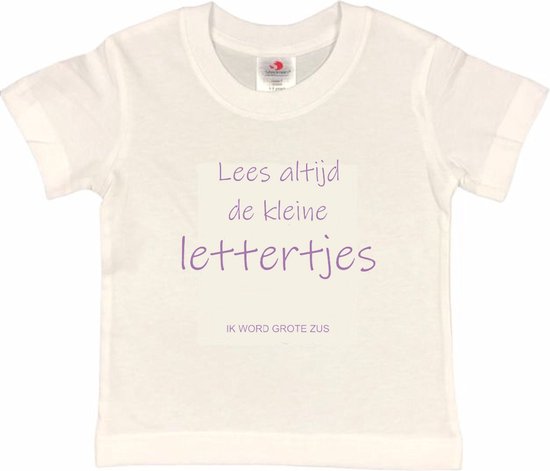 Shirt Aankondiging zwangerschap "Lees altijd de kleine lettertjes (ik word grote zus)" | korte mouw | Wit/lila | maat 98/104 zwangerschap aankondiging bekendmaking Baby big bro Sis Sister