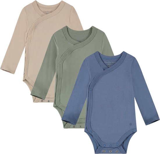 Bamboo Basics Bobby - Bamboe Baby Meegroei Overslagromper (Multipack 3 stuks) - Lange Mouwen - Zijdezacht - Ademend - Beige, Groen & Blauw - 62