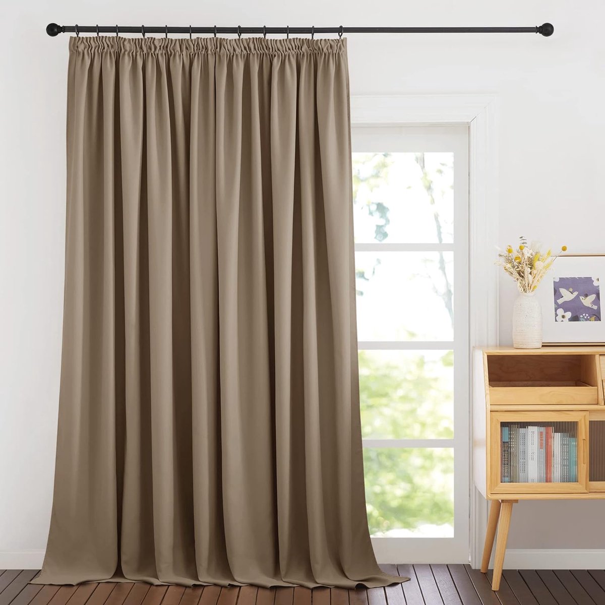 Vouwband, gordijnen voor railsysteem, ondoorzichtig, set van 1, 245 x 300 cm (h x b), extra breed, voor woonkamer, thermische gordijnen, koudebescherming, plooiband, cappuccino