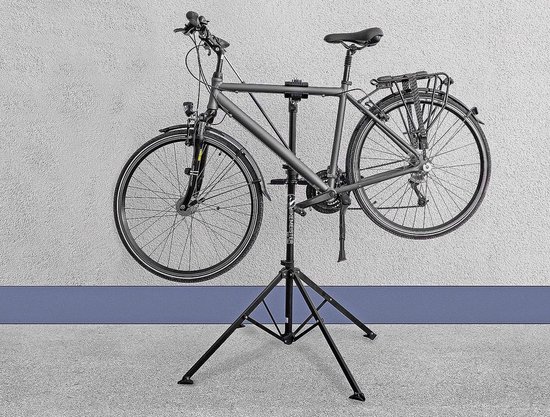 Hikemeister Fiets ophangsysteem Montagestandaard - Tot 35 kg - Fietsreparatie Ebike - MTB -alle fietsen - Incl. Stuurhouder - Zwart - magneetbak