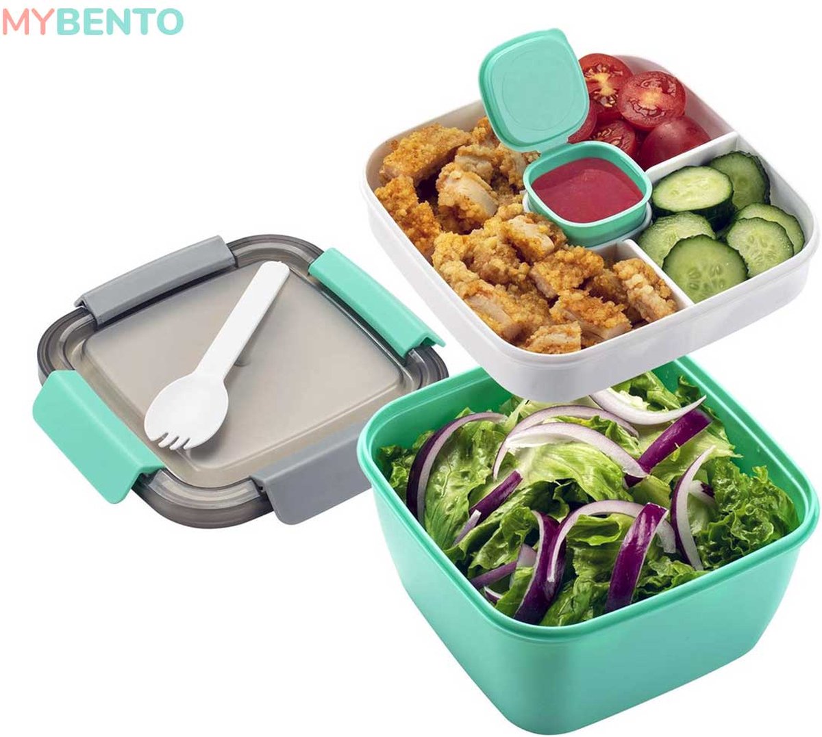 MyBento | Meerlaagse Lunchbox met Vakjes Mintgroen – Japanse Bento Box – Lunchbox Volwassenen – Lunchbox Kinderen – Salade To Go – Broodtrommel – Lunchtrommel – Salade Lunchbox – Saladebox – Salade Box