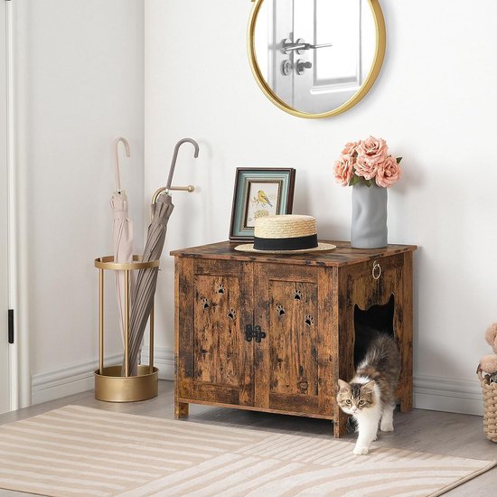 Hzuaneri Kattenkast, Kattentoilet, Verborgen Kattenbakkast Meubels met Kattenbel, Binnenkattenhuis, Boerderijstijl, 80 x 50 x 53 cm, voor Hal, Slaapkamer, Wit CB82414B