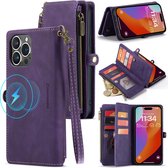 Casemania Hoesje Geschikt voor Apple iPhone 15 Pro Deep Purple - Luxe Portemonnee Book Case met Rits - Geschikt voor MagSafe