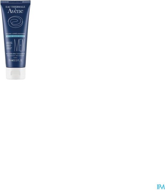 Kleine donkerblauwe tube met witte dop, met witte tekst en een cirkelvormig logo voor Avène Men Aftershave Balsem.
