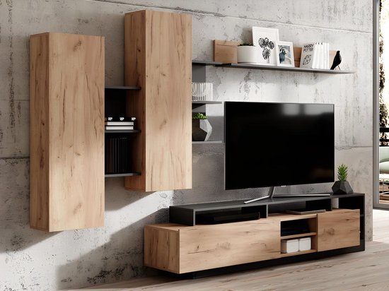 TV-wand met opbergruimte - Natuurlijk en antraciet - IDESIA L 260 cm x H 171.5 cm x D 40 cm