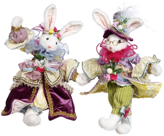 Mark Roberts Paasdecoratie - Paashaas Meneer en Mevrouw Katoenstaartkonijn - set van 2 - pasen - wit paars - 36cm - Collector's item