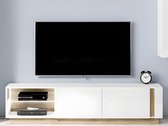 TV-meubel MURARI - 2 deuren en 2 nissen - met ledverlichting - Hoogglans wit en eiken L 187.5 cm x H 45.5 cm x D 40 cm