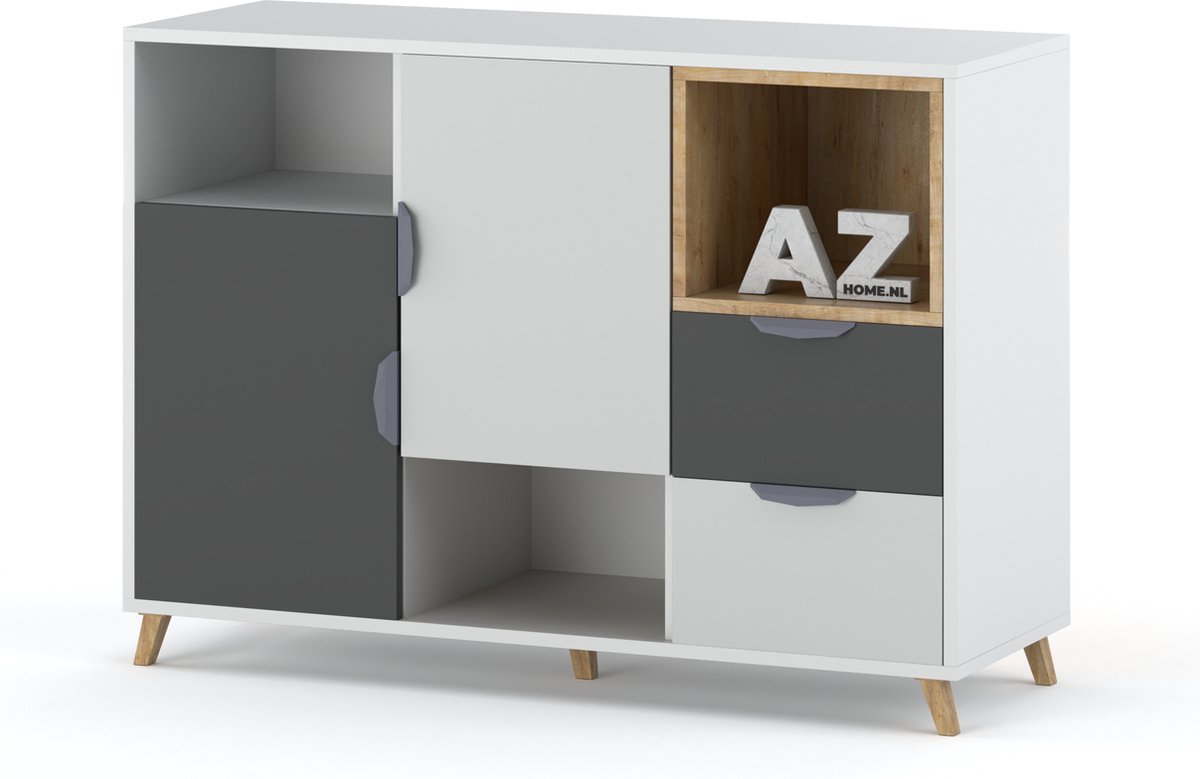 AZ-Home - Dressoir Joker 7 - Wit - Grijs - 120 cm - Kast - Commode - Boekenkast