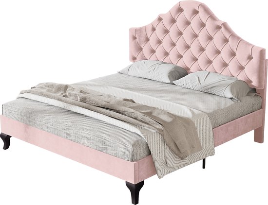 Lit double rembourré Merax - Lit pour 2 personnes avec tête de lit réglable - Rose