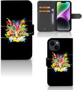 Wallet Book Case iPhone 15 Smartphone Hoesje Cat Color Leuke Verjaardagscadeaus