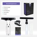 Verpakking van Motionflow vacuüm ruitenreiniger met witte en zwarte wisser, sproeifles, adapter en handleiding.
