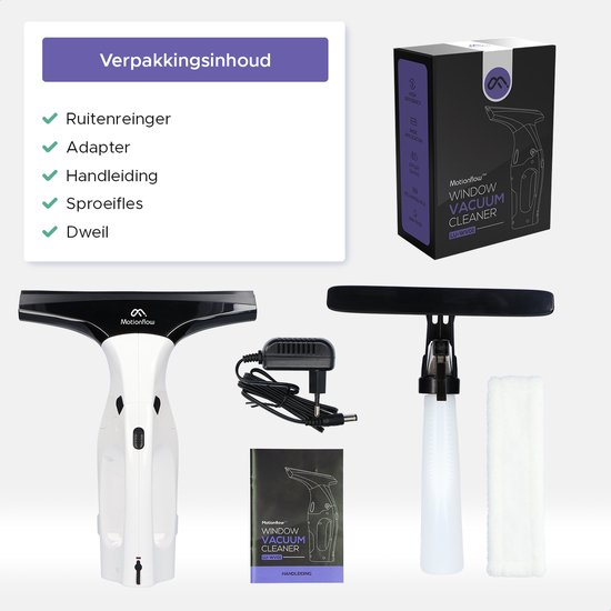 Verpakking van Motionflow vacuüm ruitenreiniger met witte en zwarte wisser, sproeifles, adapter en handleiding.