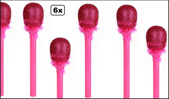 6x Microphone rose pailleté avec fourrure - Sing along microphone - Disco Pride musique microphones party thème anniversaire amusant drôle et faux