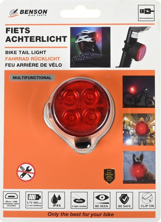Benson Fietslamp - rood achterlicht - LED - USB oplaadbaar - inclusief clip en kabel — afbeelding 5