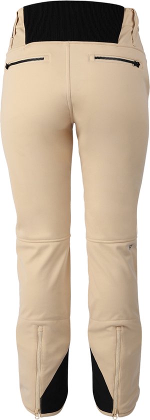 Achterkant van beige skibroek met zwarte accenten, inclusief ritsen en een logo.