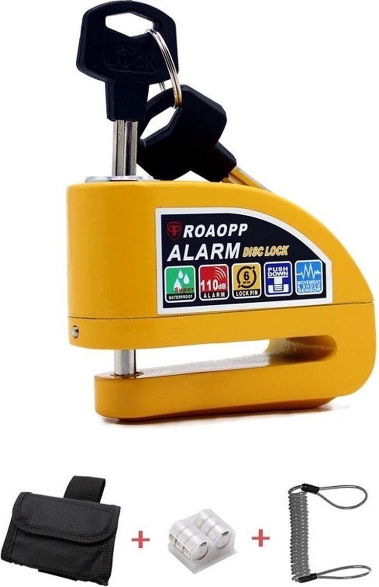 RAMBUX® - Schijfremslot - Motorslot - Scooterslot - Schijfremslot met Alarm - Motor Alarm Sirene - Remschijfslot met Opberghoes & Slot Kabel - Geel