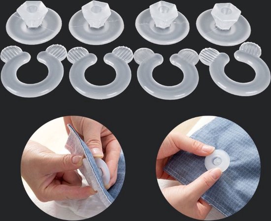 Set van 8 witte clips. Bovenste rij: 4 ronde clips met knop. Onderste rij: 4 oorvormige clips. Close-up: handen bevestigen clips aan stof.